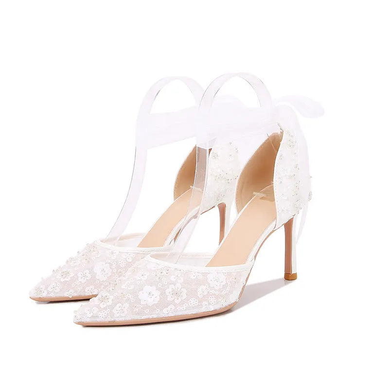 Women's French style sequin hollowed sandals with satin upper and pointed toe, white colour