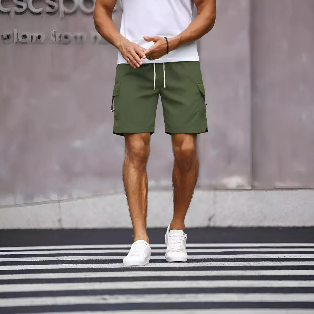 Men's loose fit work shorts in fluorescent green with straight cut and micro-elastic waistband