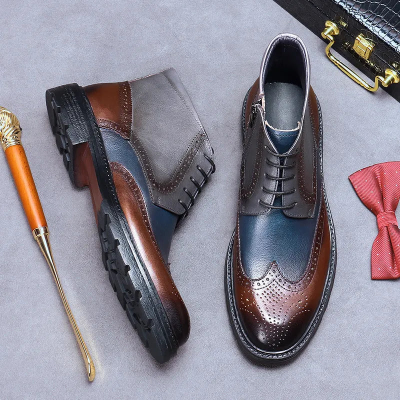 Men's curry blue cowhide leather brogue boots with front lacing and decorative stitching
