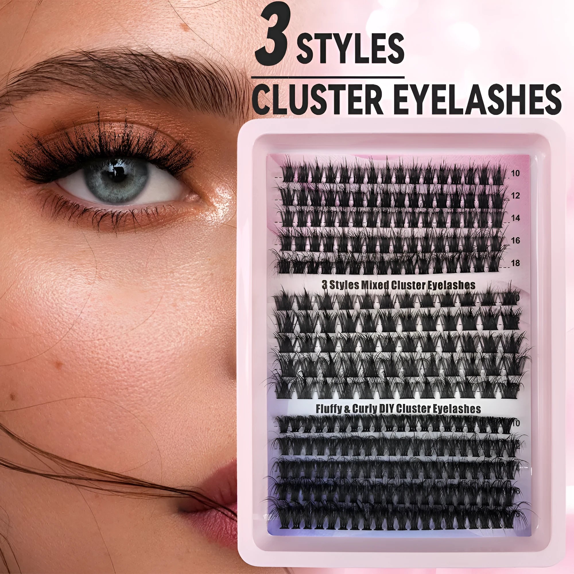 Mixed box of false eyelashes showing five different style specifications for a messy look.