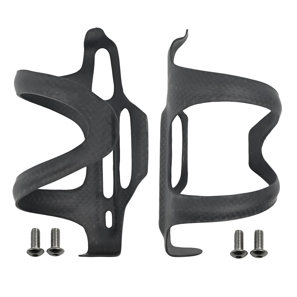 Black carbon fibre bicycle water bottle cage showing mounting holes and bottle retention shape.