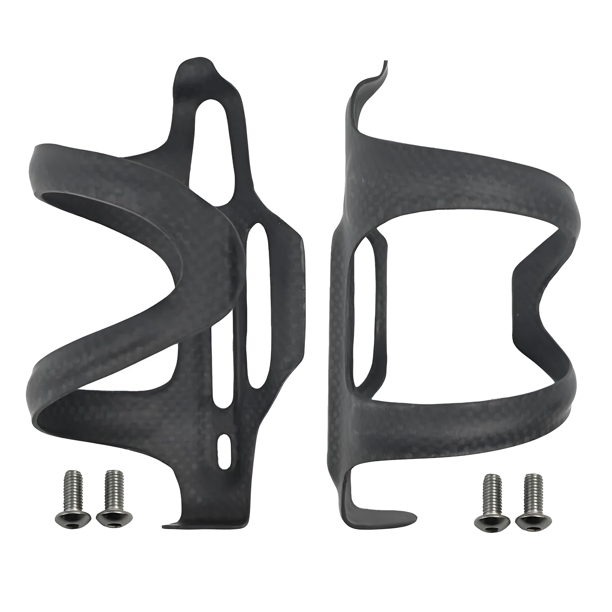 Black carbon fibre bicycle water bottle cage showing mounting holes and bottle retention shape.