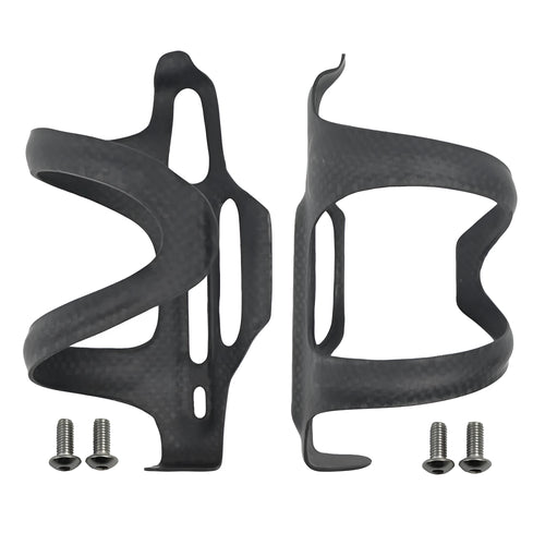 Black carbon fibre bicycle water bottle cage showing mounting holes and bottle retention shape.