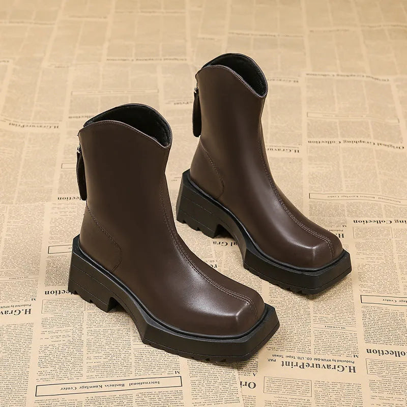 Women's black platform Martin boots with square toe and 6-8cm high heel
