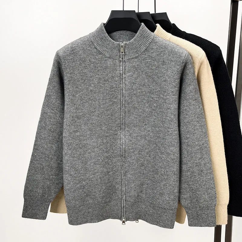 Men's loose-fit knitted cardigan with stand collar and front zipper in black, grey or beige