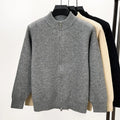 Men's loose-fit knitted cardigan with stand collar and front zipper in black, grey or beige