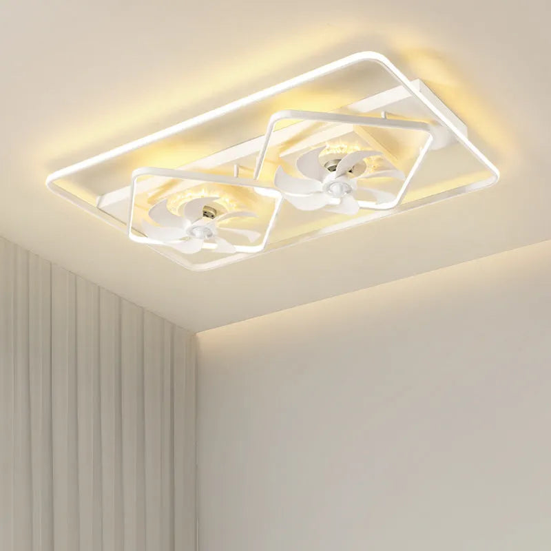 Ceiling fan lamp with light showing five plastic blades and acrylic lampshade in modern simple style
