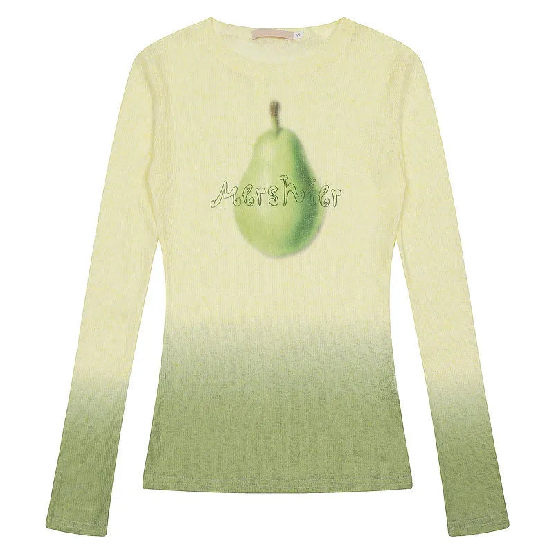 Women's gradient flower print long-sleeved T-shirt in thin polyester fabric