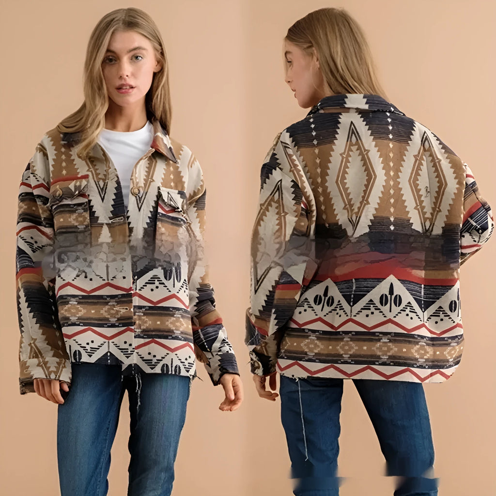 Women's retro style Aztec printed woolen coat in loose fit with long sleeves