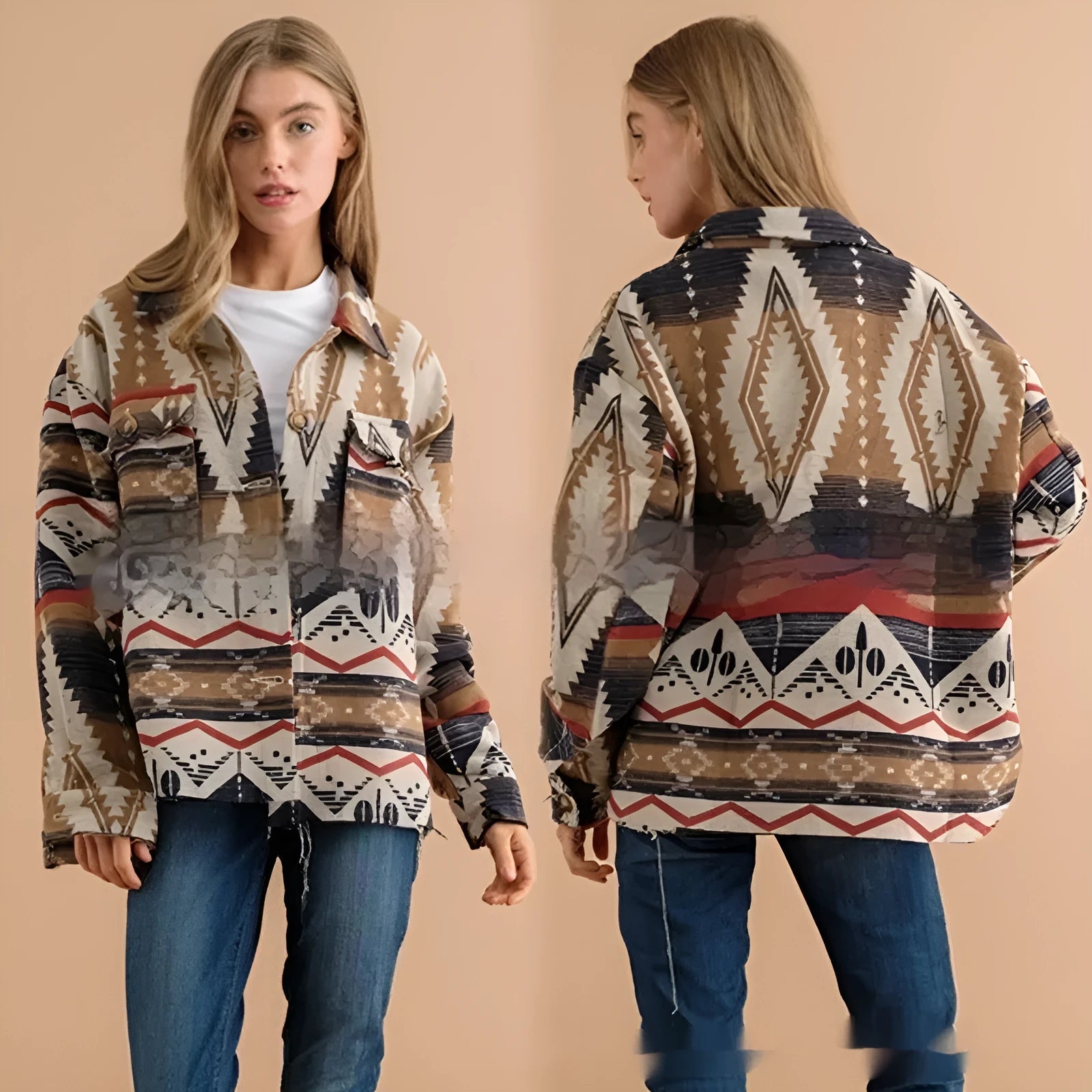 Women's retro style Aztec printed woolen coat in loose fit with long sleeves