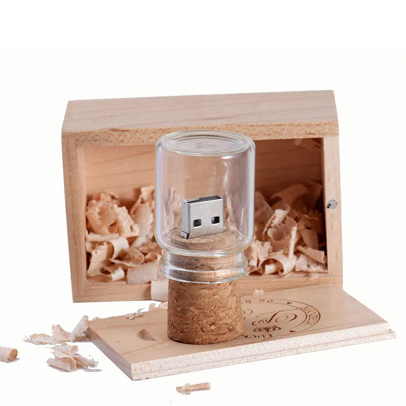 Chocolate brown wooden personalised USB memory stick shaped like a drift bottle, showing custom text engraving.