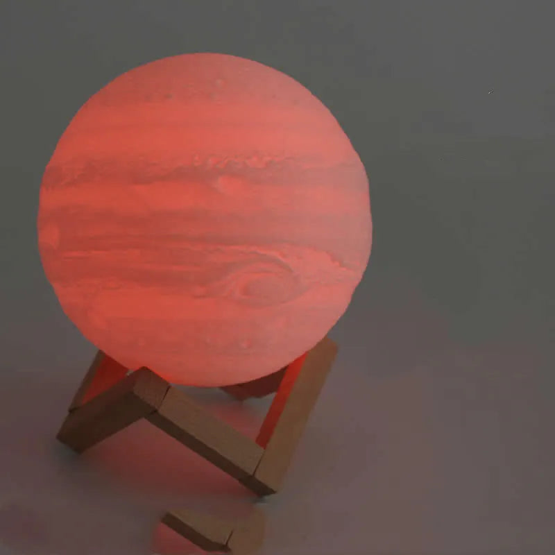 3D printed moon lamp with touch metal ring control on wooden stand, showing white and yellow light settings