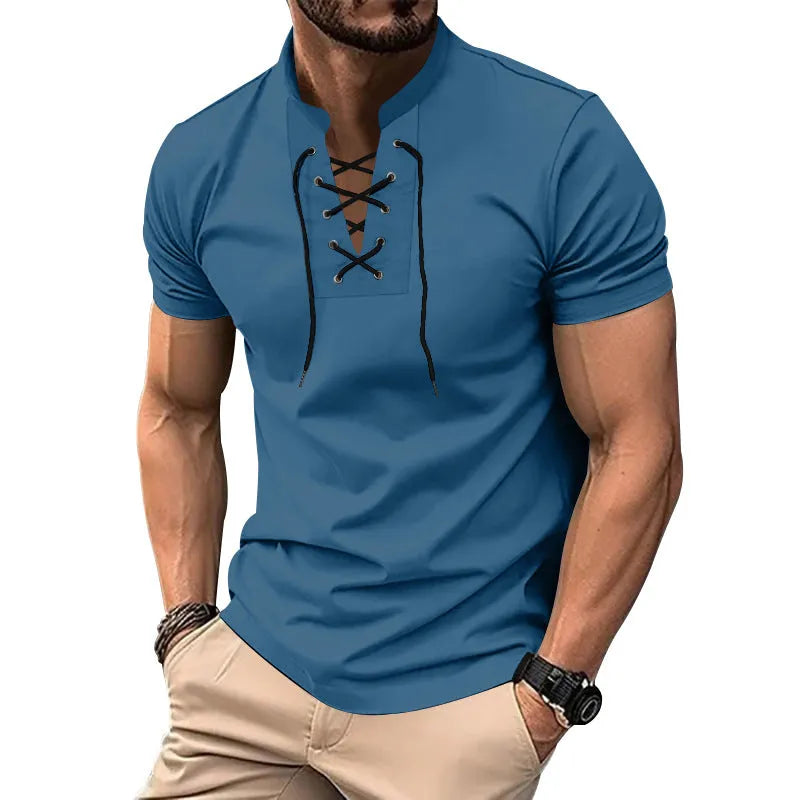 Men's V-neck V-tie casual summer top in solid colour, short sleeve, loose fit, polyester