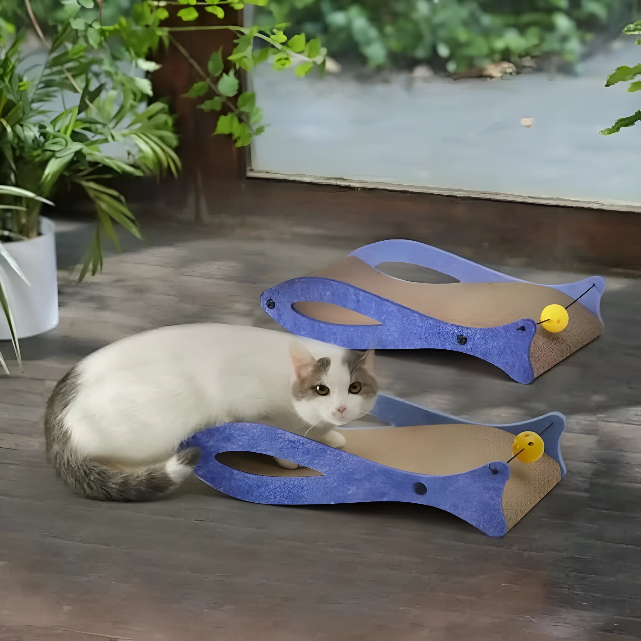 Blue fish-shaped cardboard cat scratcher lounger with a dangling bell ball toy.