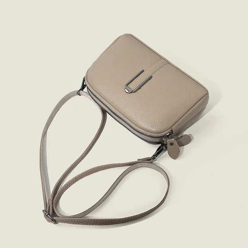 Minimalist crossbody bag in top-grain leather, horizontal square shape, spliced design, khaki colour