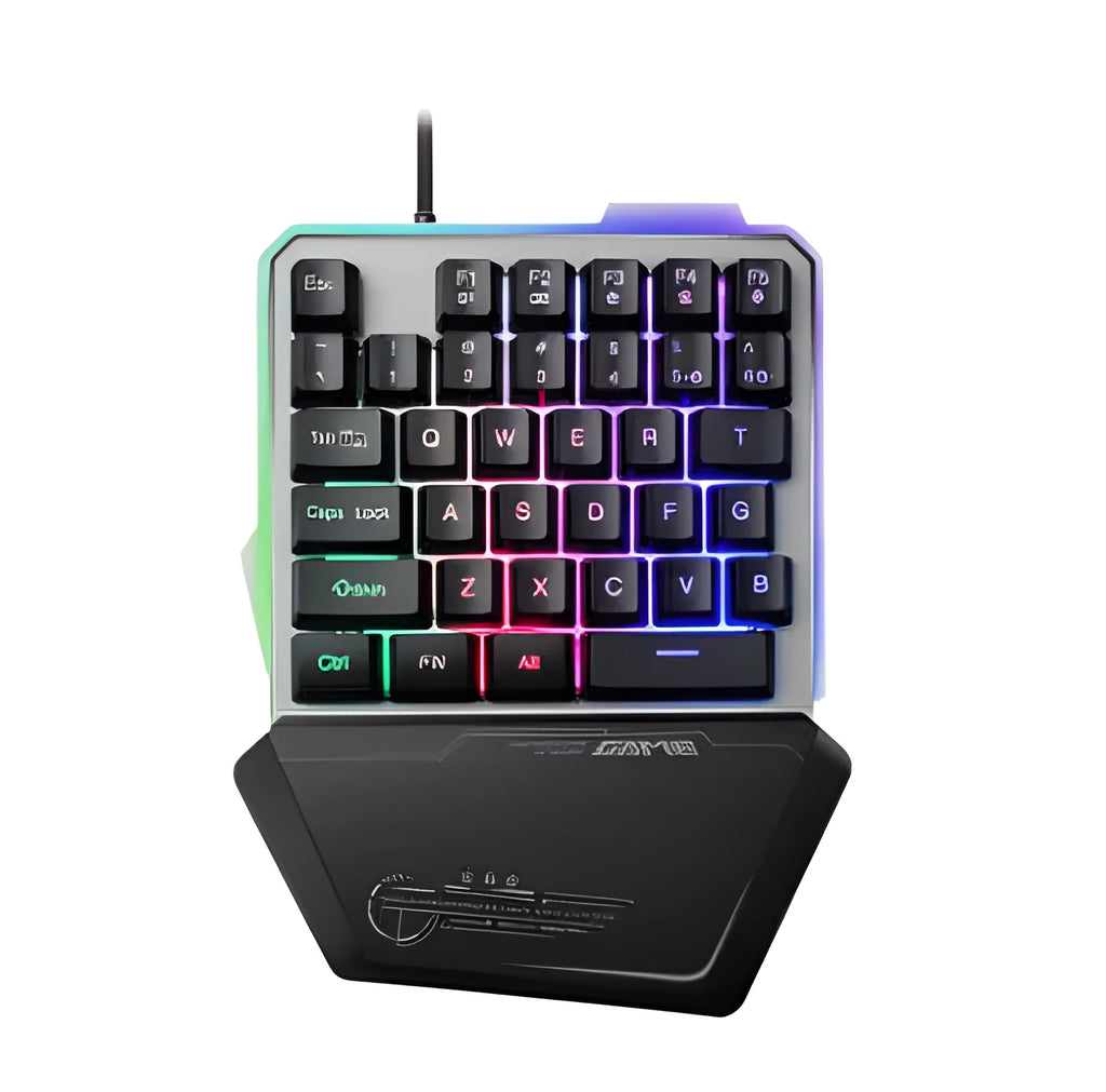 G40 Flow Colour black one-handed robotic keyboard with RGB backlit keys on a desk