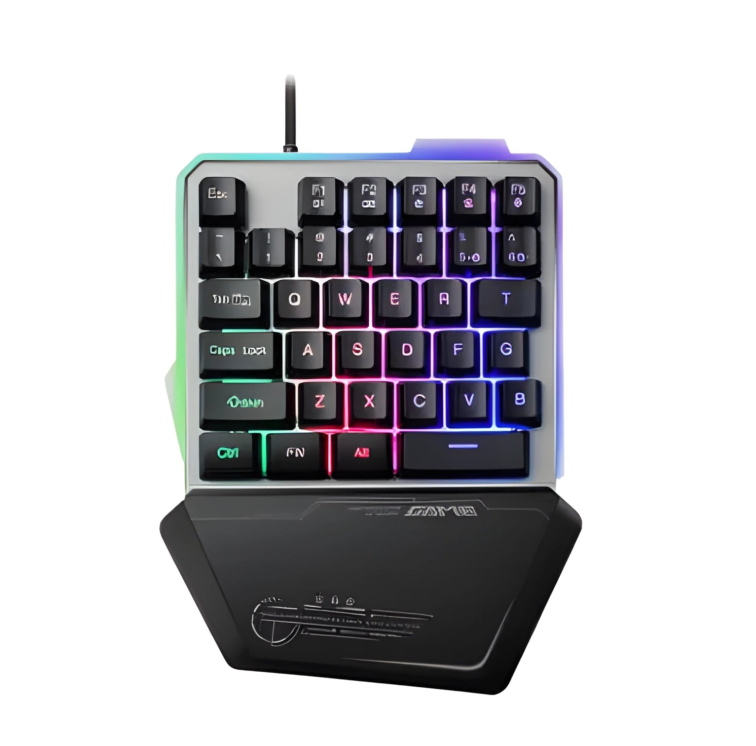 G40 Flow Colour black one-handed robotic keyboard with RGB backlit keys on a desk