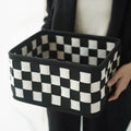 Checkerboard patterned felt storage basket with folding design showing rectangular 37x29x19.5cm dimensions
