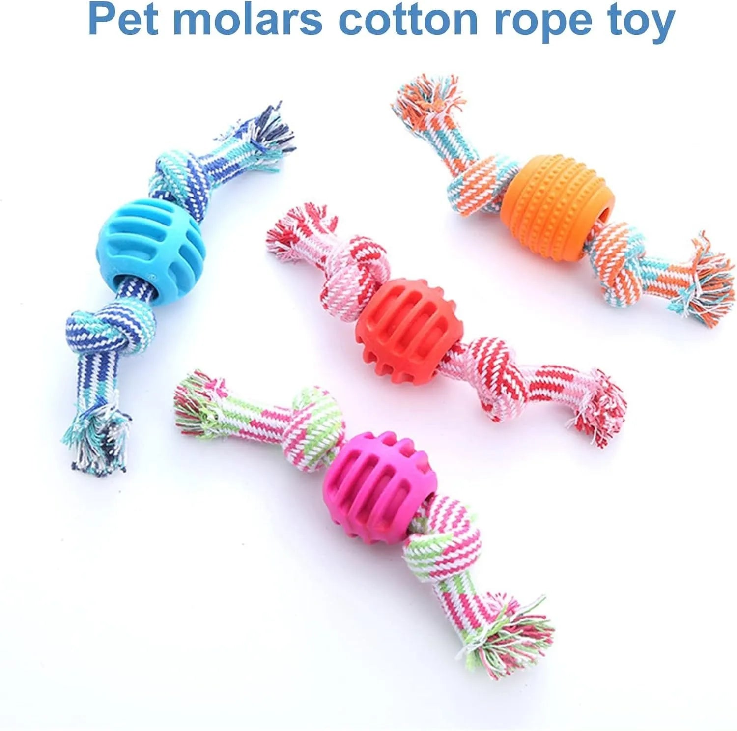 Blue dog chew toy with rope elements for dental cleaning and oral health protection