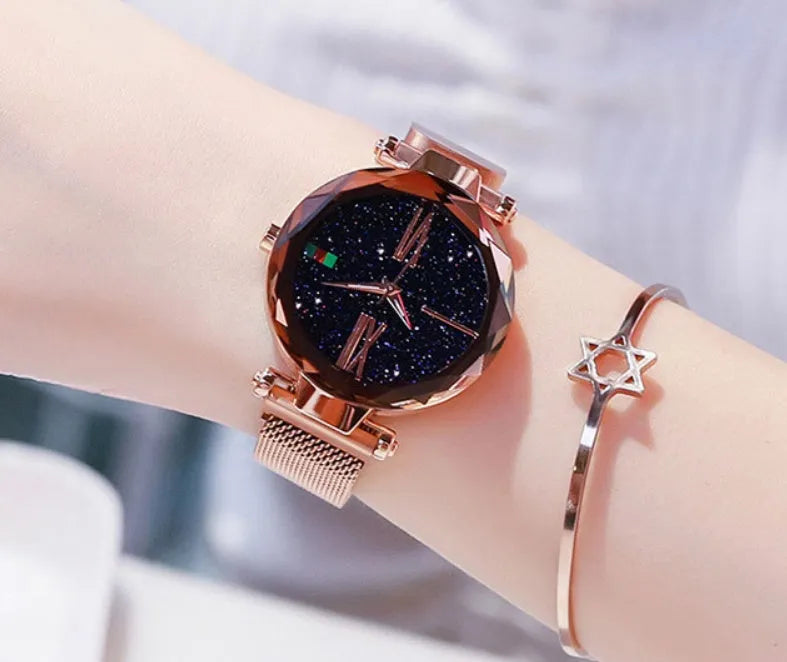 Starry Sky women's watch with magnetic mesh strap, 34mm alloy case, glass surface, diamond dial, available in multiple colours