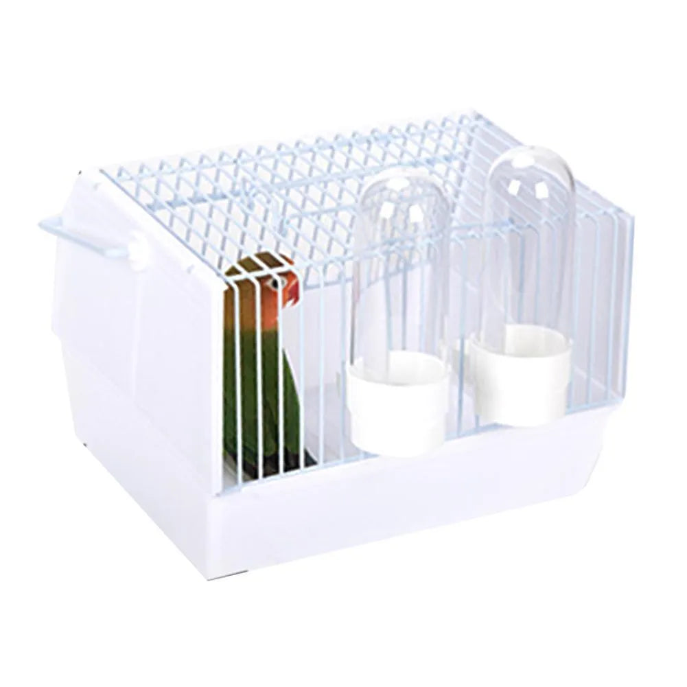Small portable bird travel cage in black with top skylight and two feeders, 21 x 13 x 13 cm