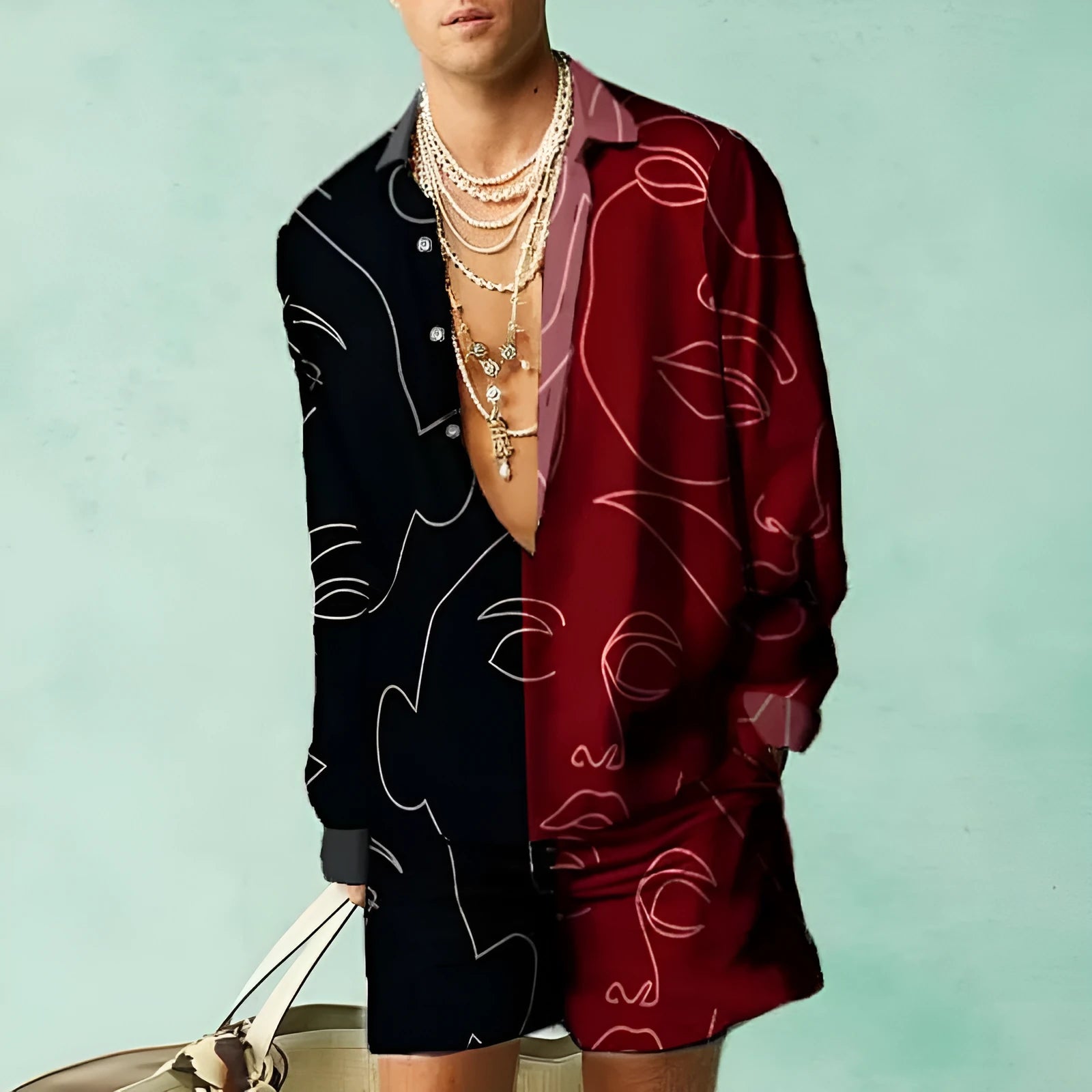 Men's grey polyester summer shirt and shorts co-ord set with slim fit and long sleeves