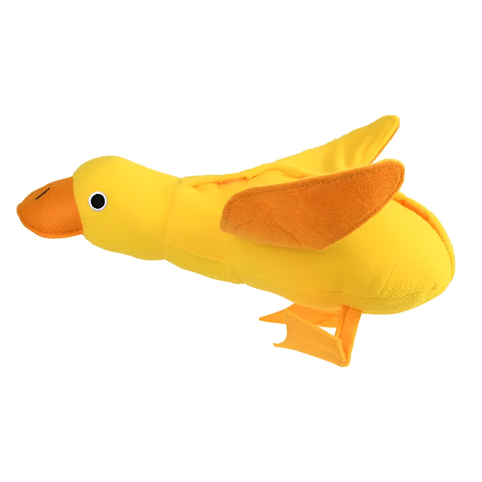 Yellow plush duck dog toy with squeaker and treat-dispensing feature for training and play.