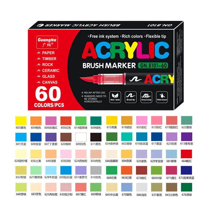 Set of straight liquid acrylic paint marker pens with soft brush tips in multiple colours