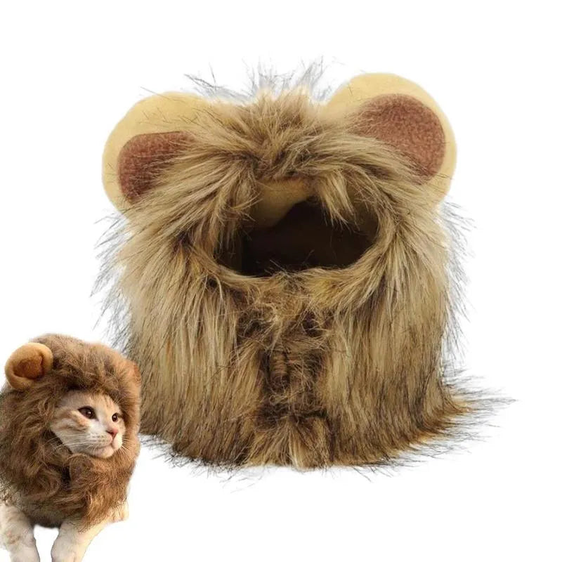 Adjustable lion mane pet wig with elastic band and plush ears for cats and small dogs