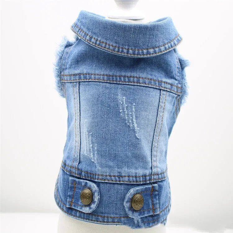Denim dog vest with retro scratch pattern in blue wash for small to medium breeds