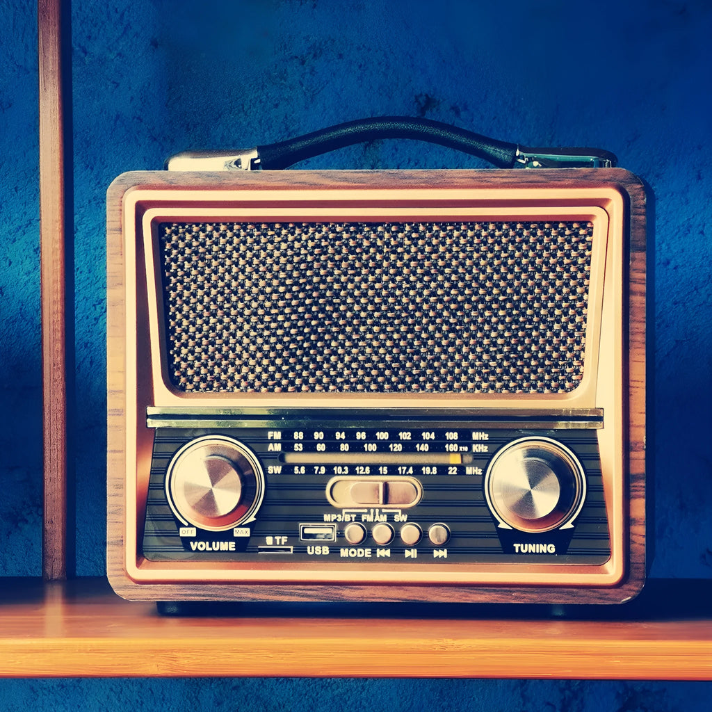 Pure wooden case radio Bluetooth speaker with FM AM SW3 bands, built-in rechargeable battery, and solar charging jack - mixed colour finish
