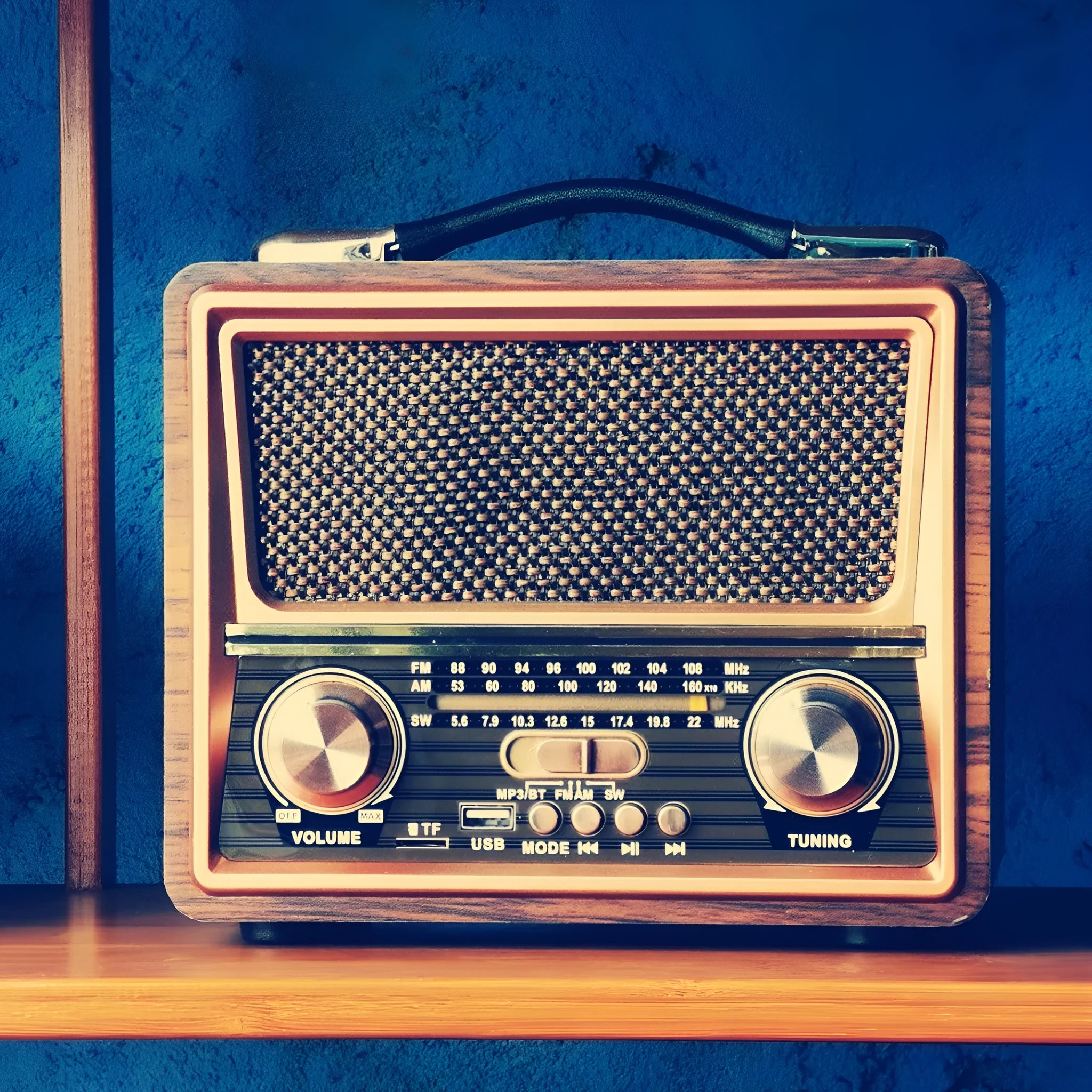 Pure wooden case radio Bluetooth speaker with FM AM SW3 bands, built-in rechargeable battery, and solar charging jack - mixed colour finish