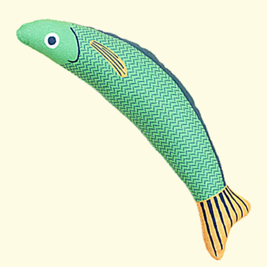 Catnip fish kicker toy in green, orange, or yellow with soft plush and cotton construction