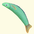 Catnip fish kicker toy in green, orange, or yellow with soft plush and cotton construction