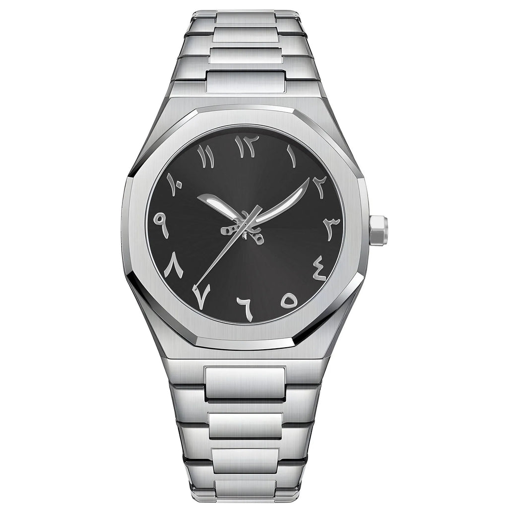 Men's steel band quartz watch with business styling in black, silver, and black silver colour options
