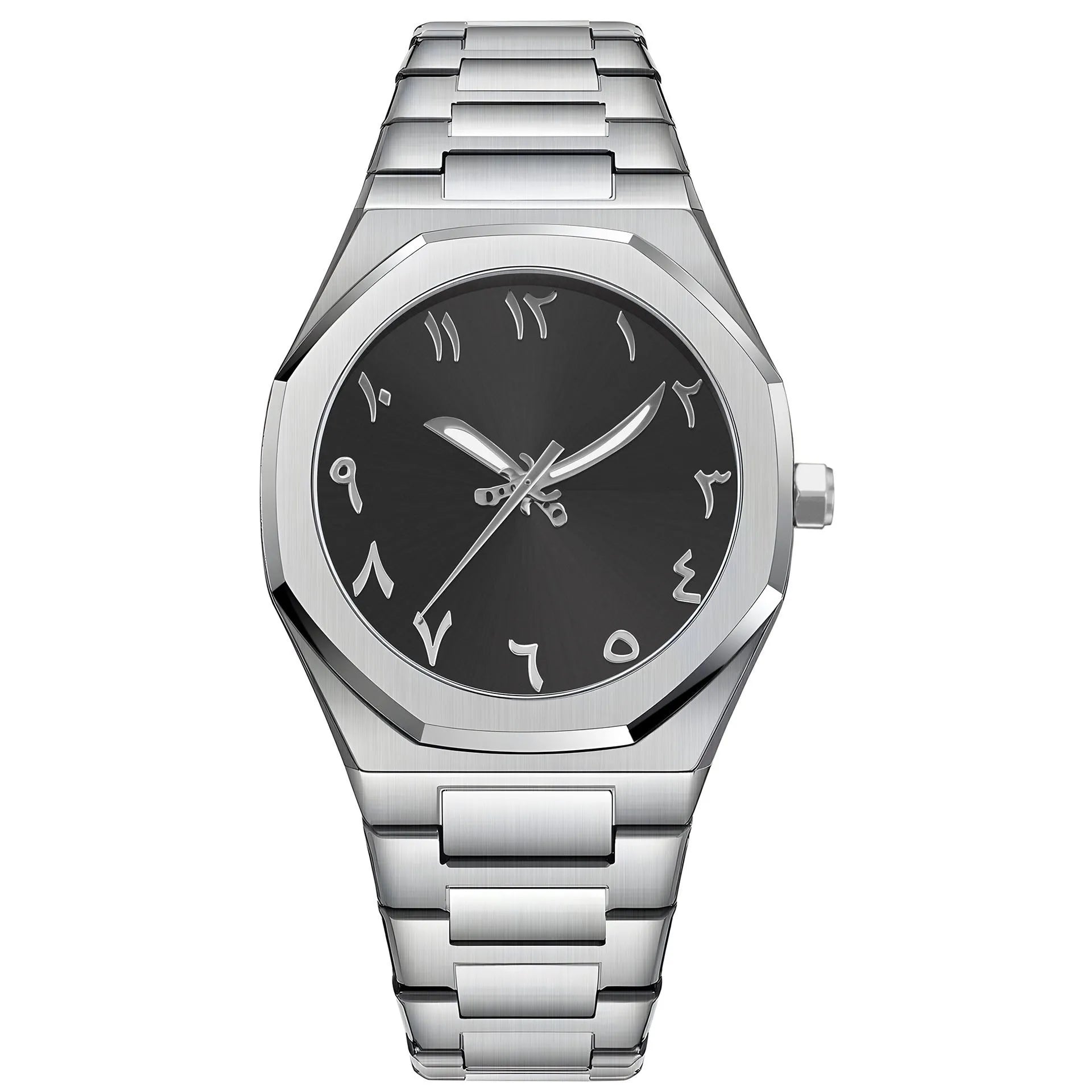 Men's steel band quartz watch with business styling in black, silver, and black silver colour options