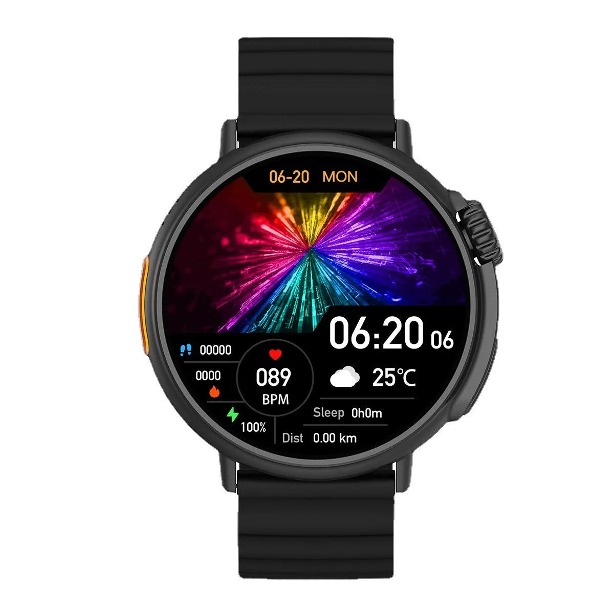 Smart watch with 1.6 inch AMOLED round screen, titanium alloy case, silicone strap, and health sensors