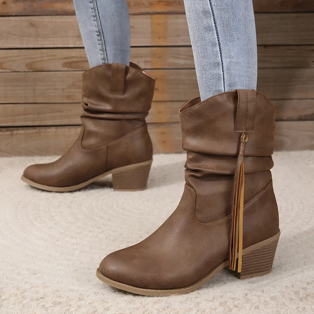 Retro tassel boots winter thick square heel mid-calf knight western woman dark brown faux leather