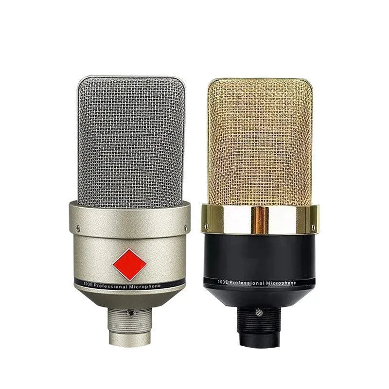 Wired condenser microphone with stand in champagne gold or black gold finish for recording and live broadcast.