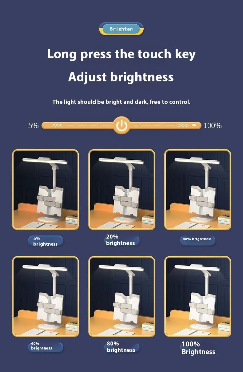 Adjustable multifunctional table lamp with an integrated bookshelf shelf on a wooden desk.