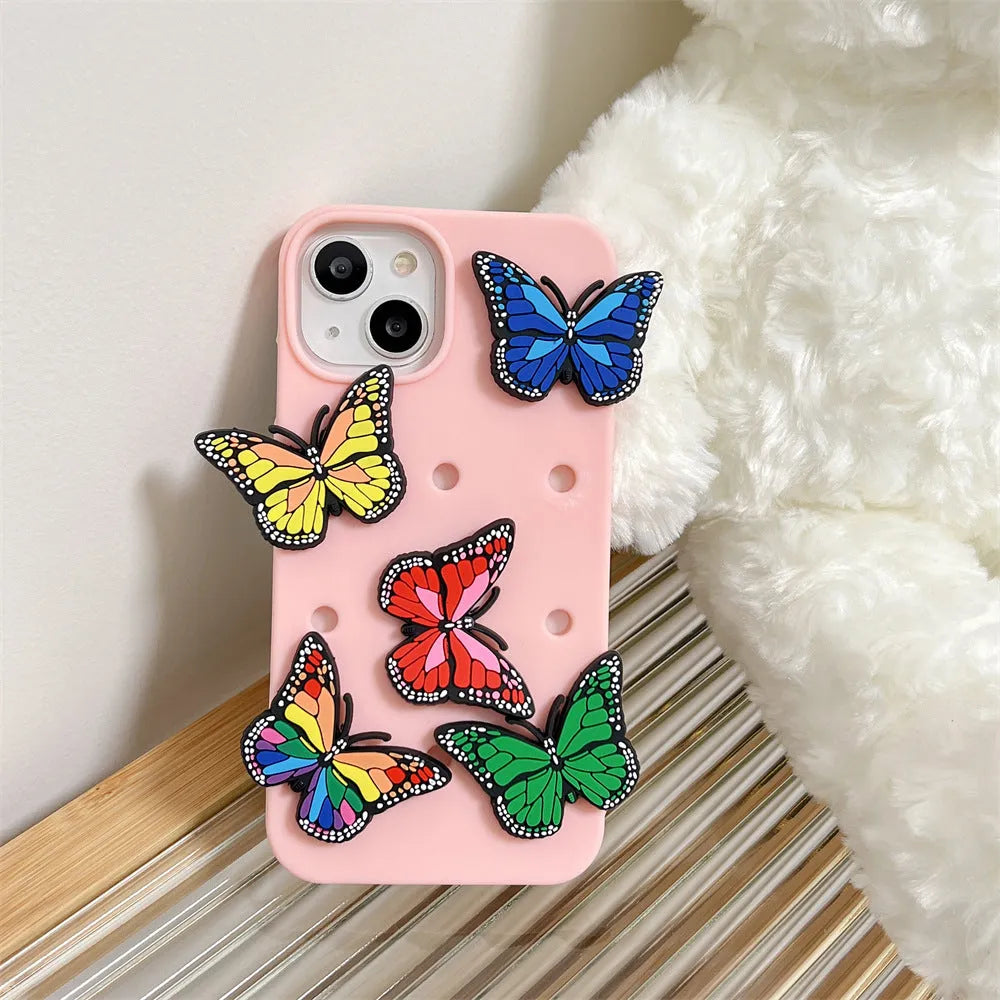 Three-dimensional colorized butterfly silicone phone case for Apple iPhone, black, engraved design