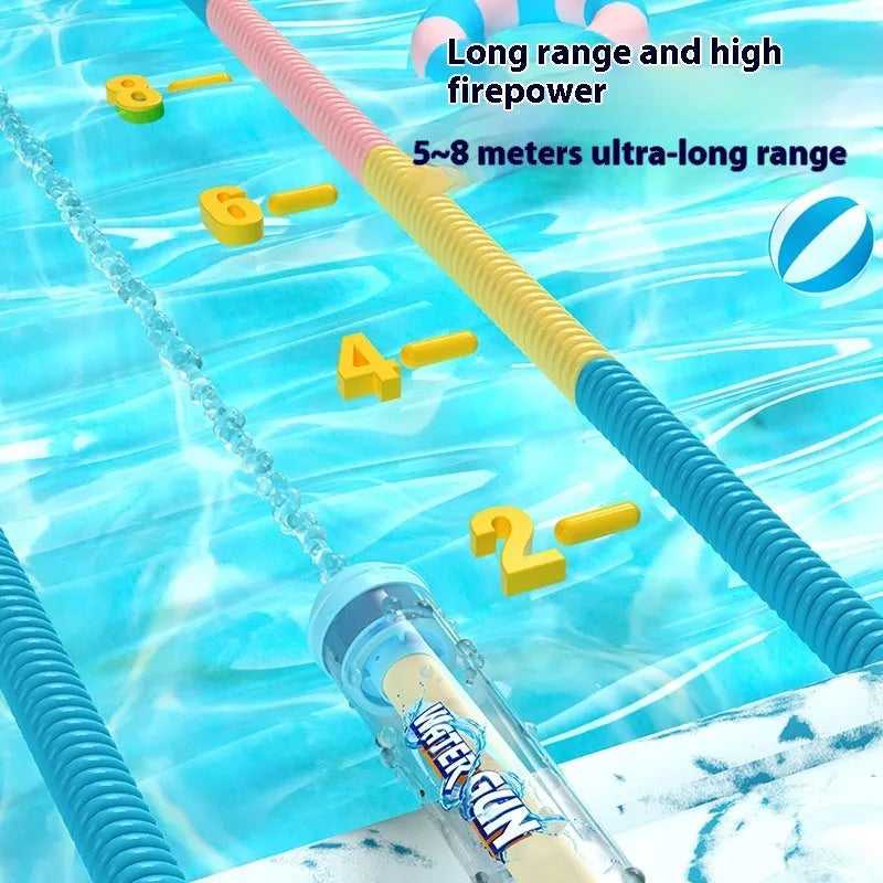 Blue 27cm plastic pull-out water gun toy on white background