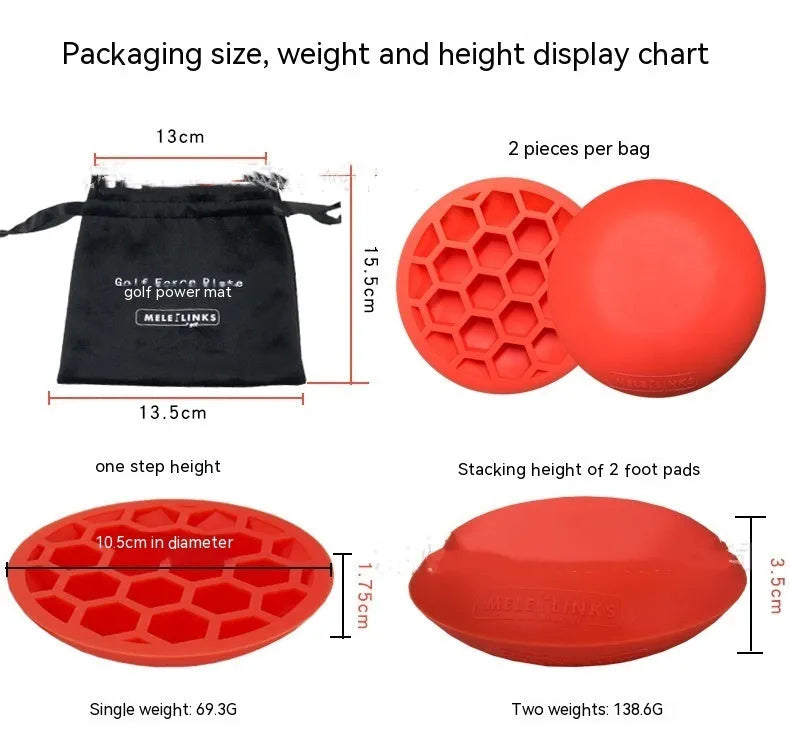Orange golf training mat with centre of gravity zone for swing strength practice