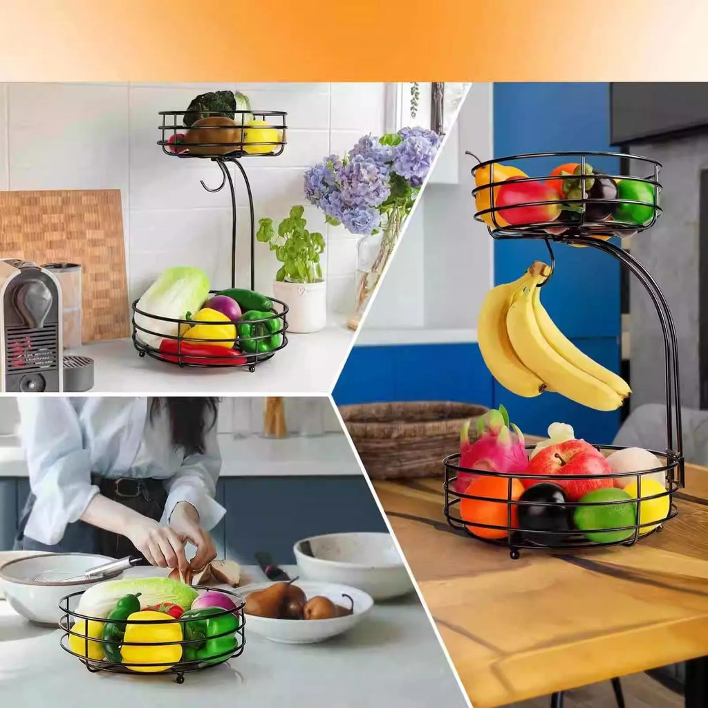Black and gold double-layer wrought iron fruit storage basket with two open shelves.