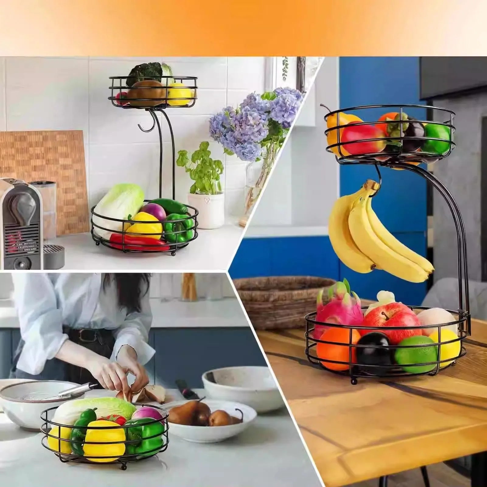 Black and gold double-layer wrought iron fruit storage basket with two open shelves.