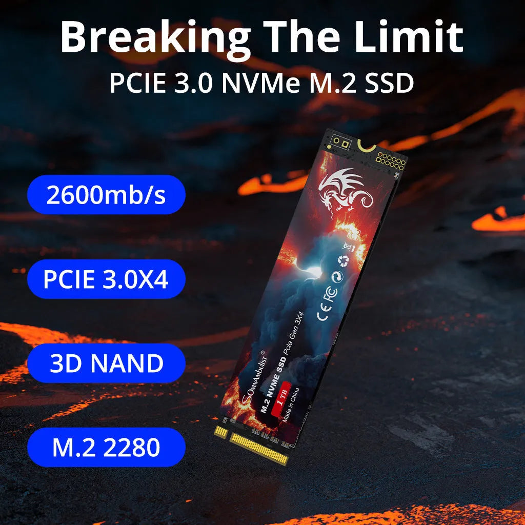 M.2 NVMe Solid State Drive for desktop computers, shown with capacity options from 128GB to 2TB.