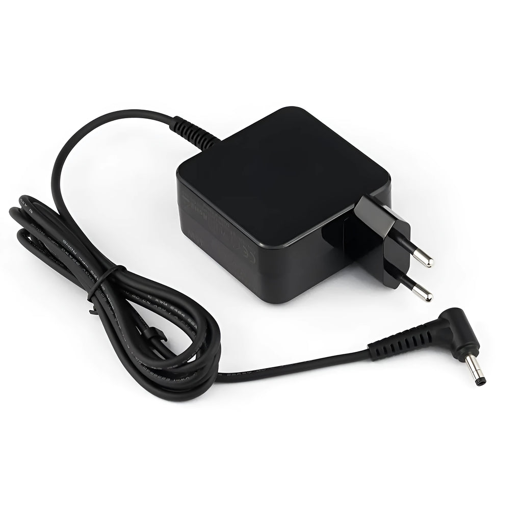 Black 45W Hua laptop adapter and charging cable with DC connector, shown with US and EU plug options.