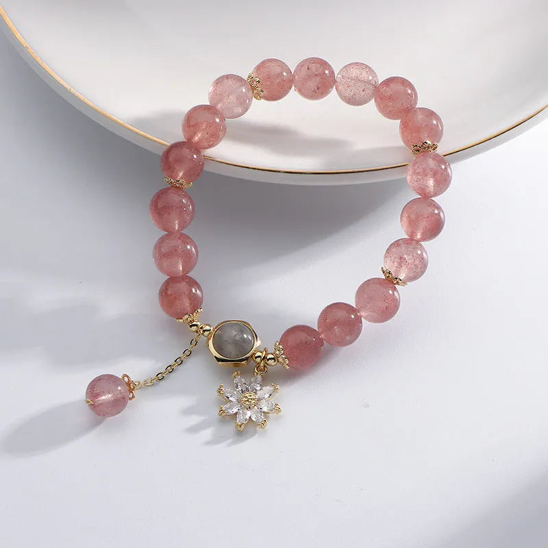 Strawberry quartz crystal bracelet with floral bead designs in Korean Mori style