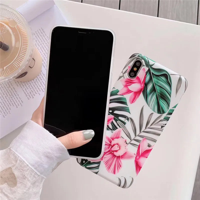 Pink floral TPU back cover case for multiple iPhone models including 11, X, 8, 7 and 6 series