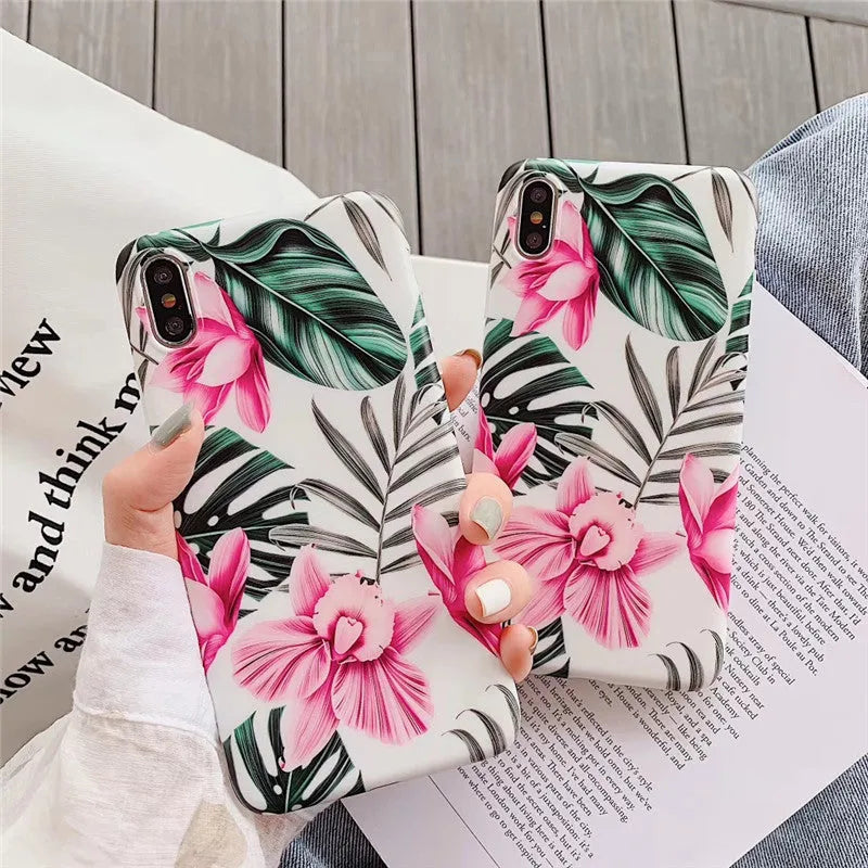 Pink floral TPU back cover case for multiple iPhone models including 11, X, 8, 7 and 6 series